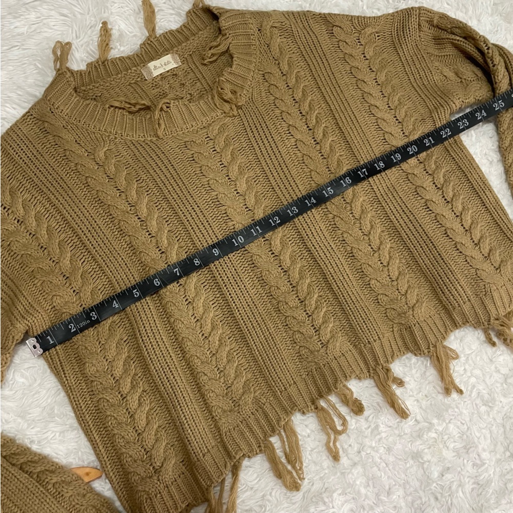 Altar’d State | Distressed Cable Knit Tan Cropped Sweater - Picture 6 of 7